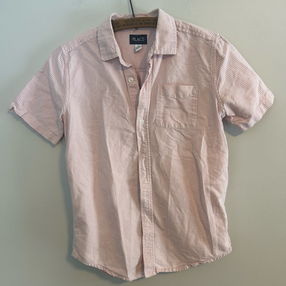 The children’s place youth 14 Pink & white Striped button up collard Shirt